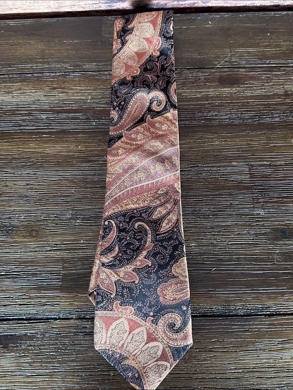 Ike Behar Silk Black Tie with Orange and Tan Paisley